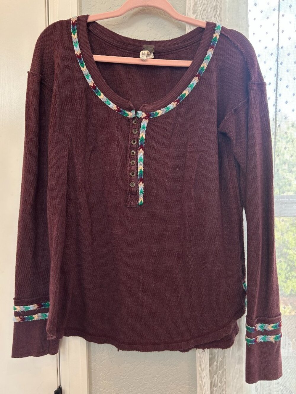 Free People We The Free Plum Thermal Knit Top Medium Braided Trim Long Sleeve